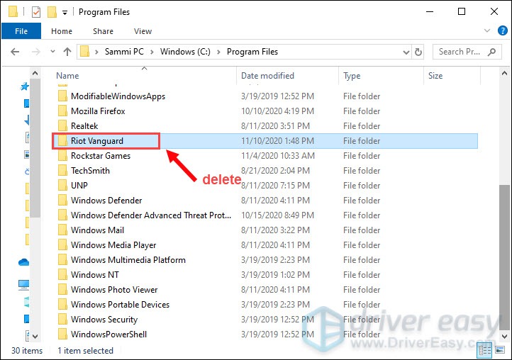 delete Riot Vanguard folder