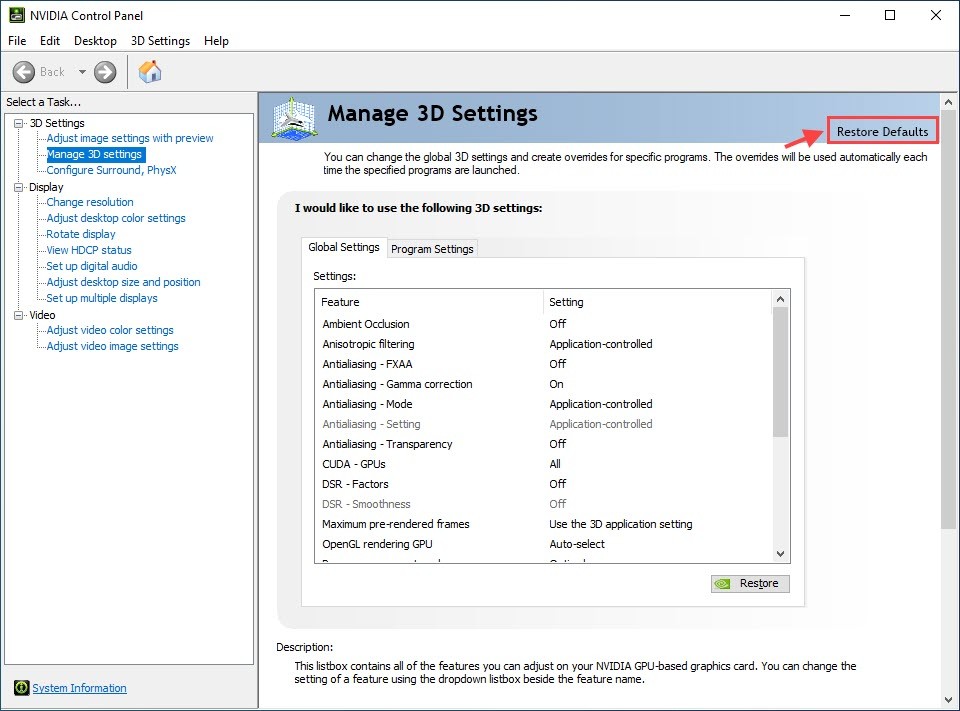 Restore defaults in NVIDIA control panel