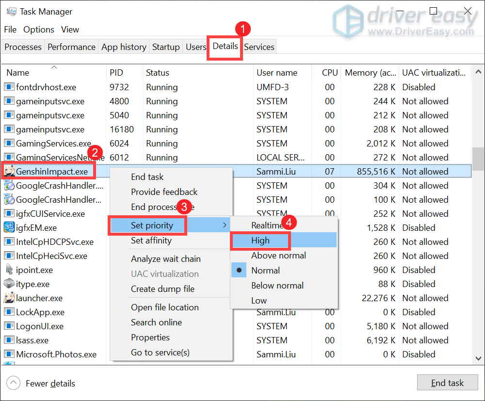 Genshin Impact set priority to High